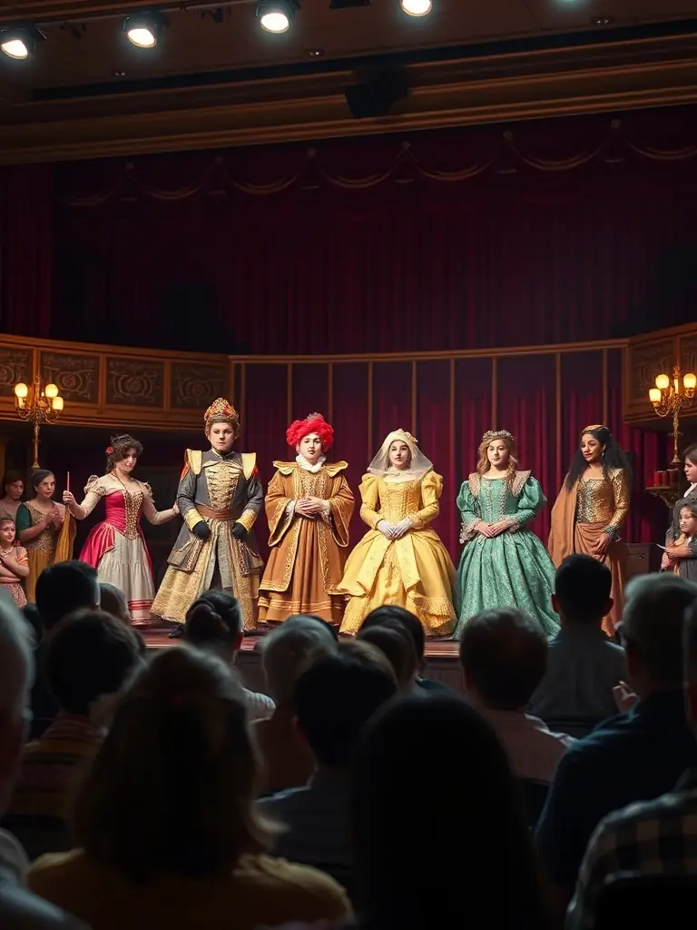 A photograph showcasing a theatrical performance produced by LABEL MERE, capturing the actors in costume and the engaged audience, emphasizing the organization's commitment to accessible performing arts.