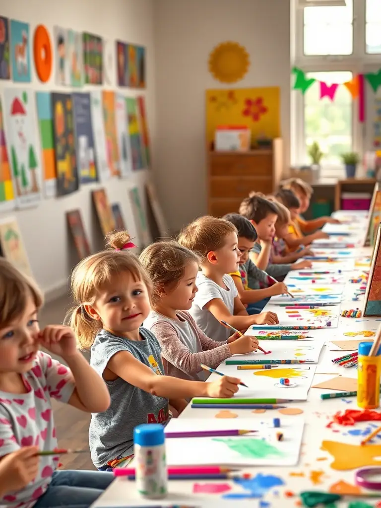 A photograph capturing a diverse group of participants actively engaged in an art workshop, showcasing the hands-on learning and creative expression fostered by LABEL MERE's educational programs.