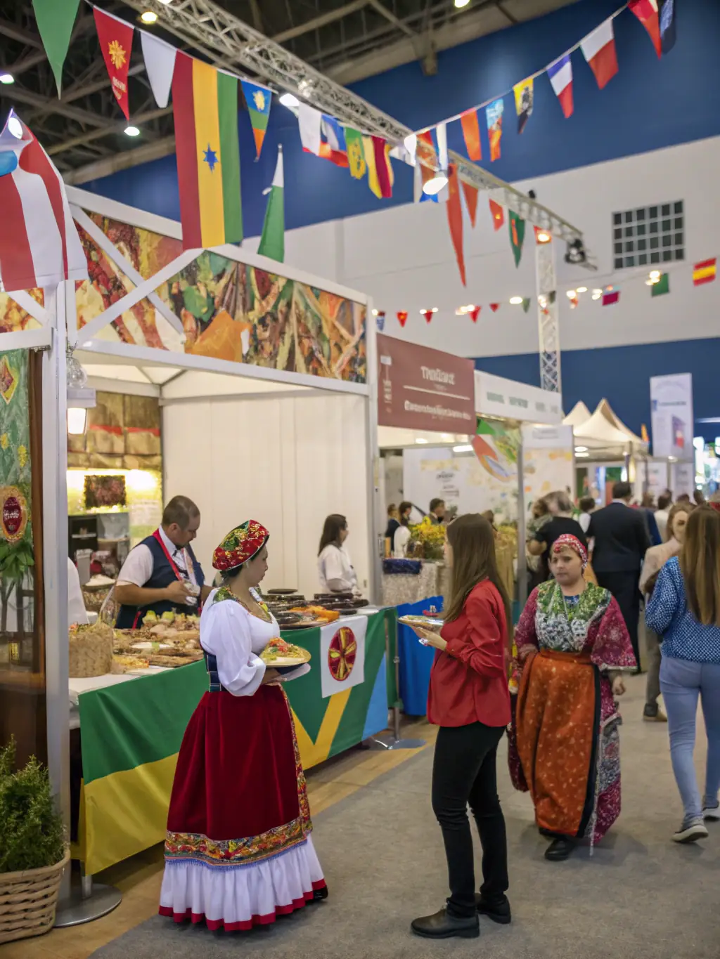 An image of a diverse group of people attending a LABEL MERE-sponsored cultural festival, enjoying music, dance, and food from different cultures.