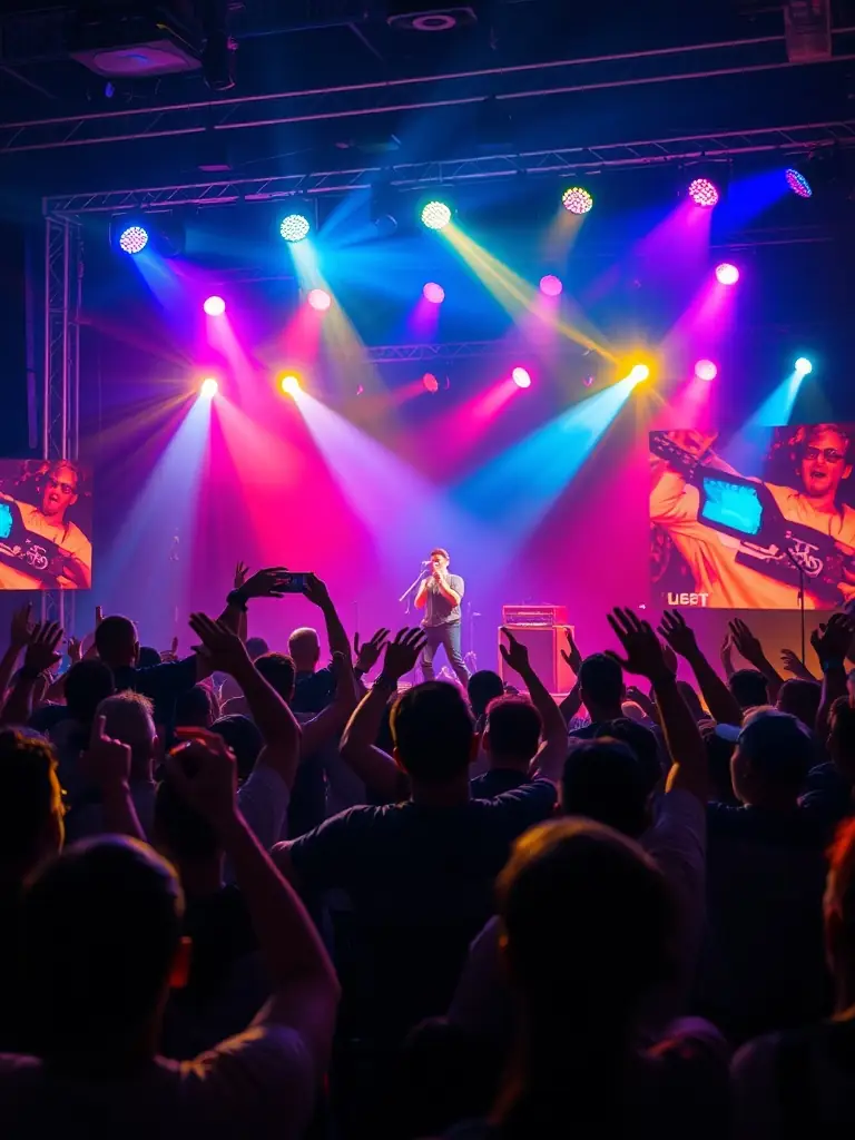 A dynamic image of a live music performance at a LABEL MERE-organized community festival, capturing the energy and excitement of the event and the diverse audience enjoying the show.