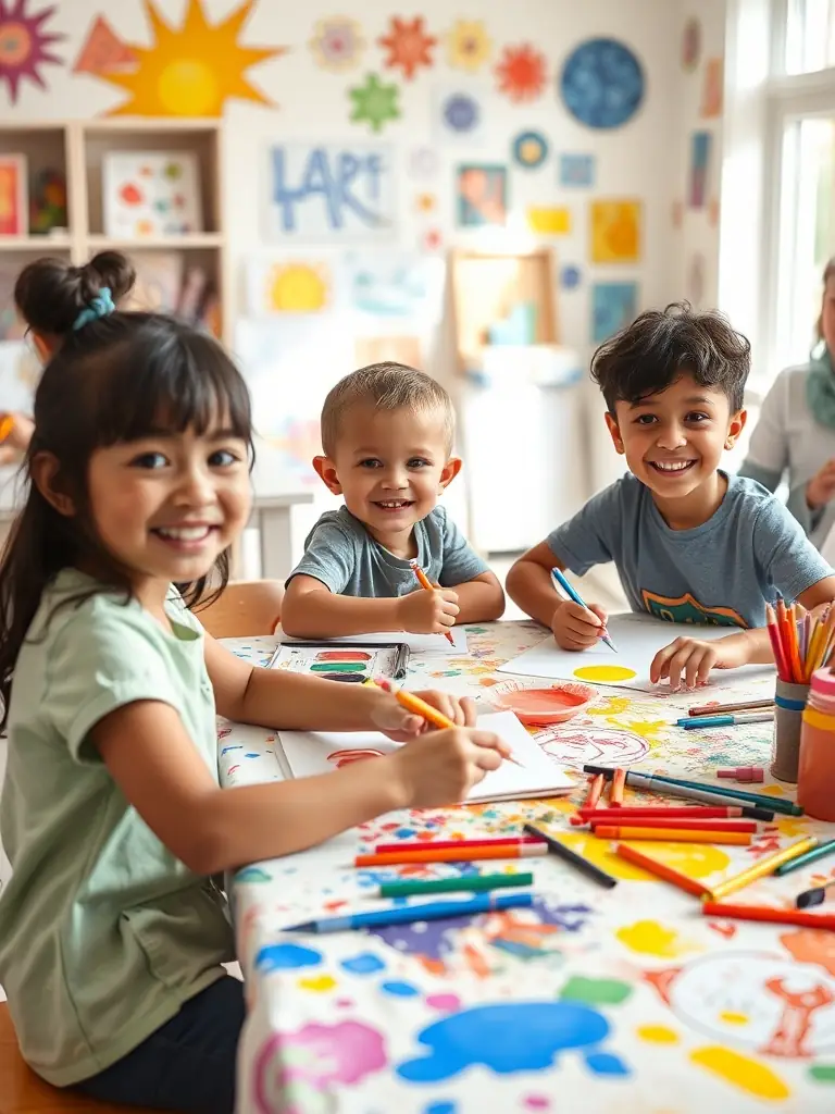 A photograph capturing children participating in an art workshop organized by LABEL MERE, showcasing their creativity and engagement.