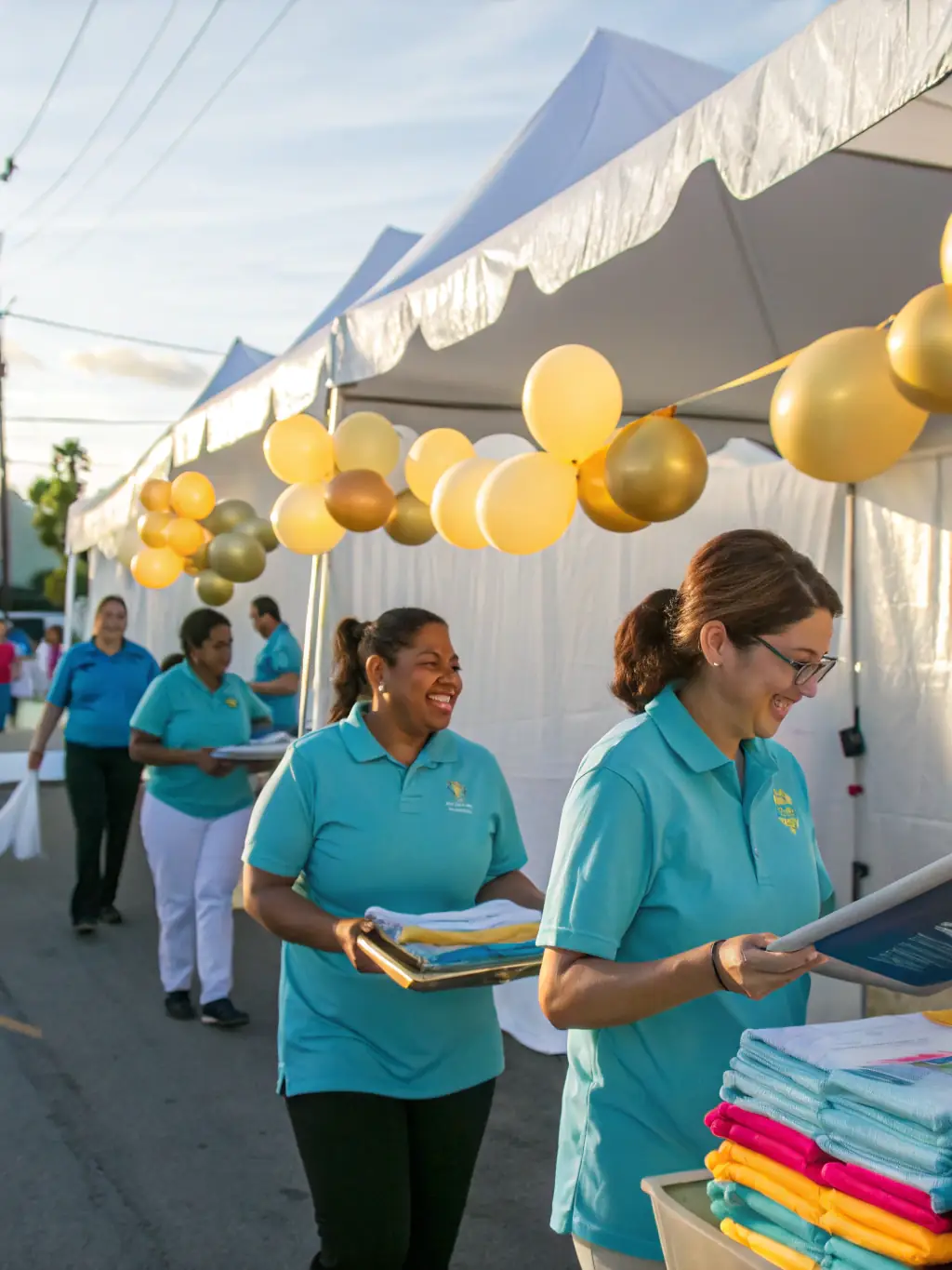 A photo of volunteers setting up decorations for a LABEL MERE event, highlighting the collaborative effort and community spirit involved in organizing these cultural activities.